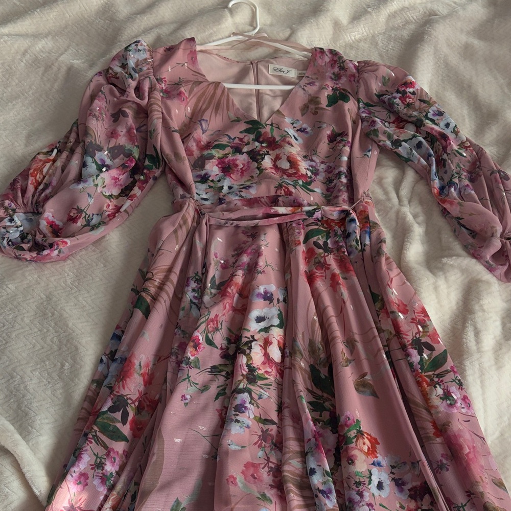 Eliza J Women’s long sleeve floral foil print chiffon dress - Picture 2 of 8